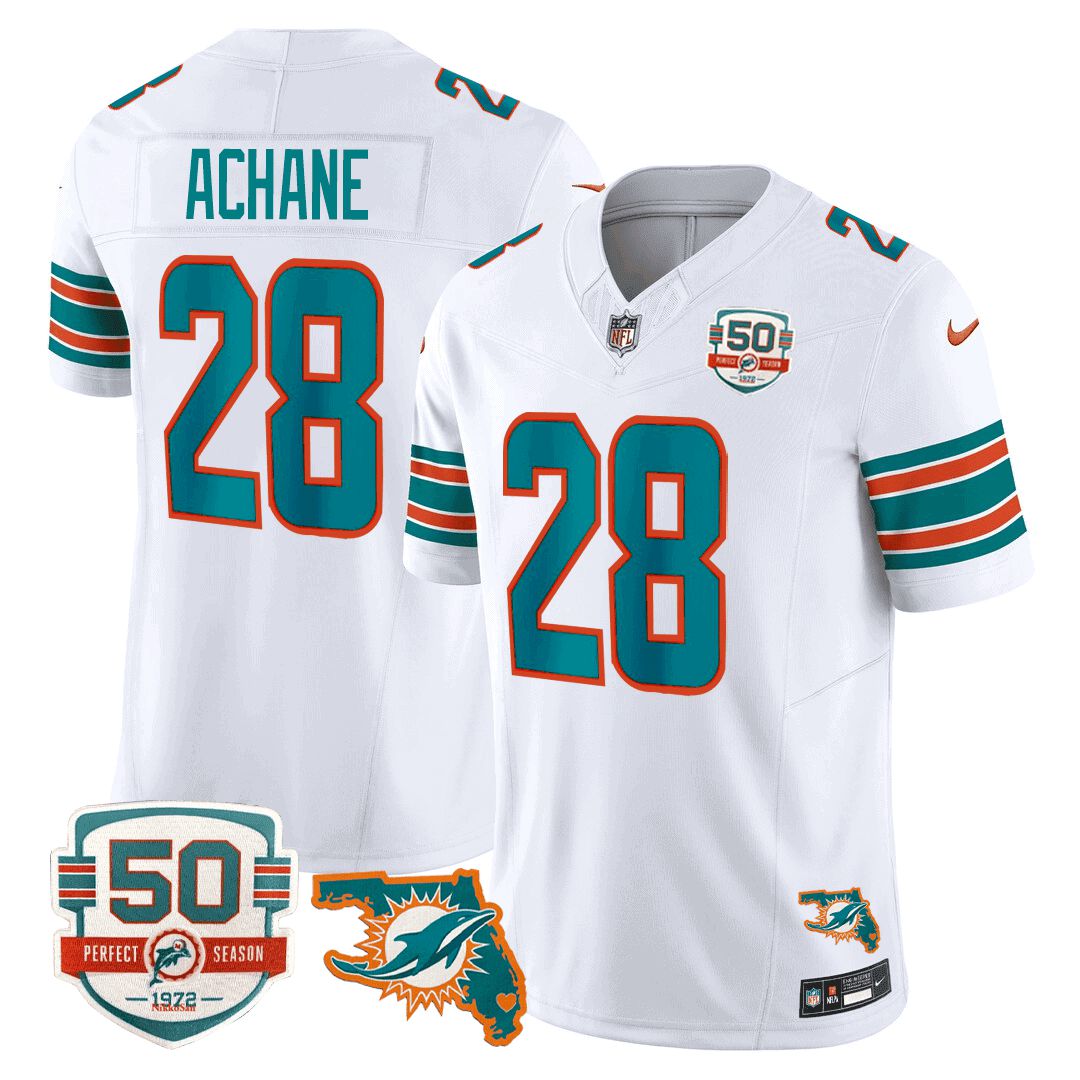Men Miami Dolphins #28 Achane White 2024 Nike Throwback 50th Perfect Season Florida Patch Vapor NFL Jersey->indianapolis colts->NFL Jersey